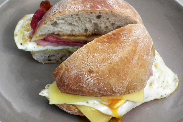 the-harlequin-ciabatta-sandwich Bacon, egg and cheese ciabatta